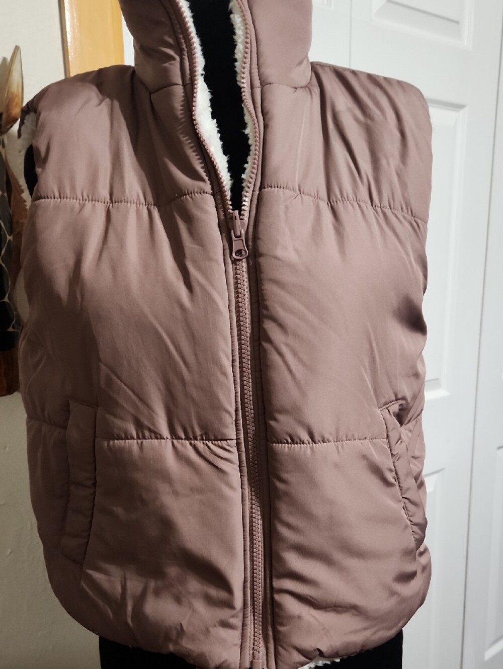 No Boundaries Dusty Rose Reversible Puffer Vest with White Sherpa Trim
